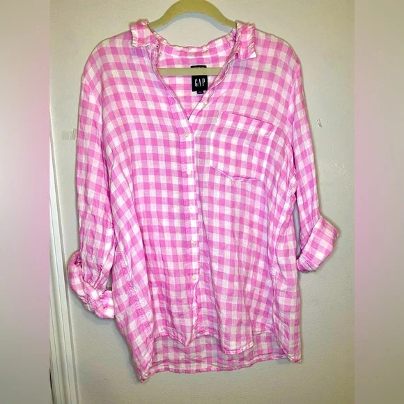 💥BOGO💥 Gap Ling Sleeved Pink and White Checked Linen Tunic - Picture 1 of 9